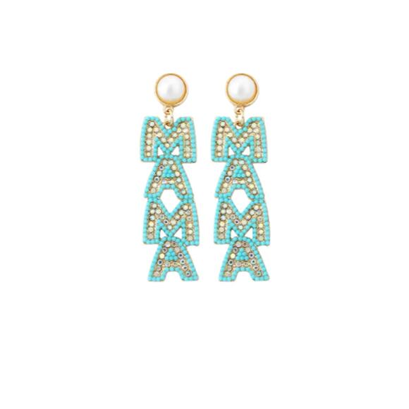 MAMA Rhinestone Earrings Blue - Picture 1 of 1